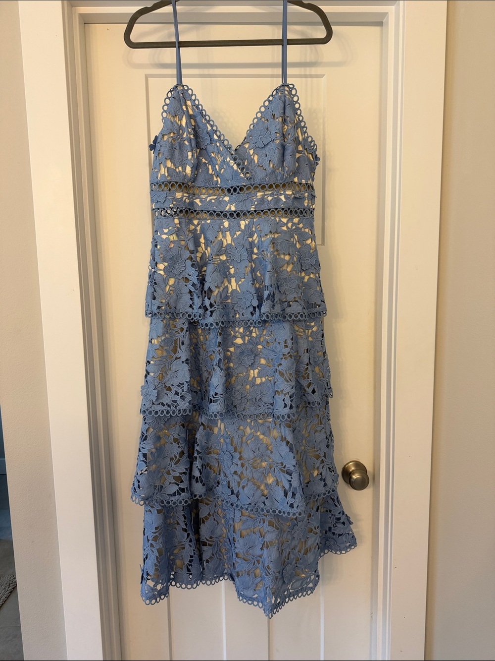 Just Me Powder-Blue Lace Tiered Midi Dress with Spaghetti Straps